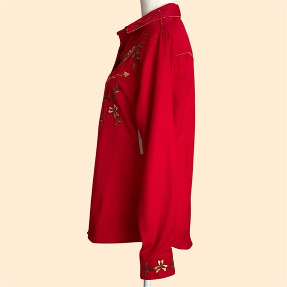 Panhandle Slim Red Floral Embroidered Western Pearl Snap Button Shirt, Women Med - Picture 6 of 10